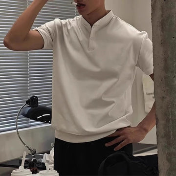 AIDASE  -  Summer Casual Buttoned Stand Collar T-shirt Men Vintage Solid Color Pullovers Daily Leisure Men's Short Sleeve Polo Shirts aidase-shop